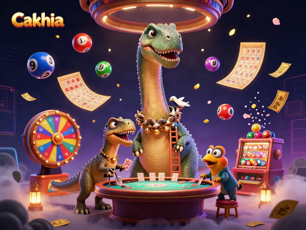Cakhia offers vibrant 3D casino-themed visuals, showcasing a dinosaur and raptor dealing cards in a dynamic setting.