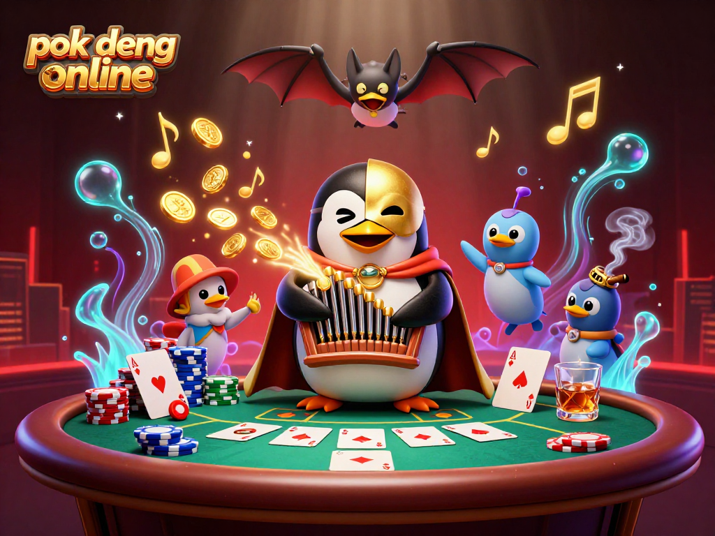 Experience the thrill of pok deng online with a dynamic scene of a penguin playing amidst gold coins and poker elements.