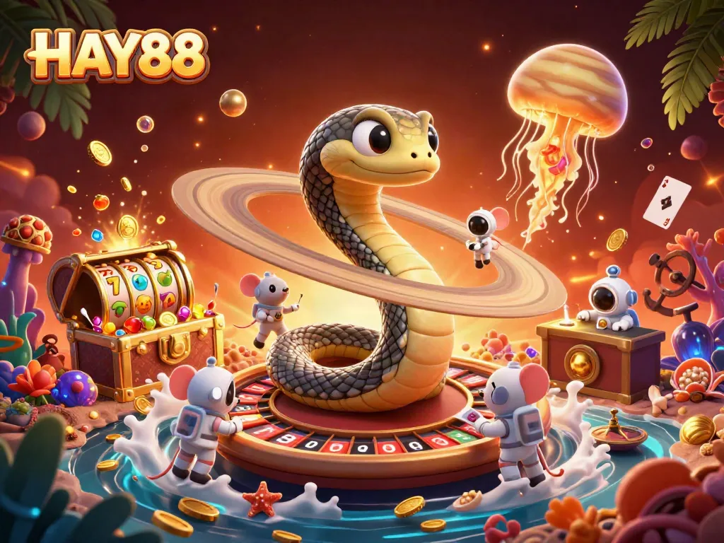 Engage with HAY88's dynamic casino scene featuring a roulette coiled snake and betting astronaut mice.