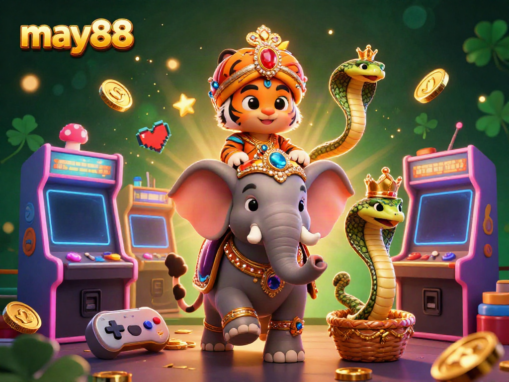 Experience the thrill of may88 online gaming with a vibrant scene featuring a maharaja tiger, an elephant, and casino games.