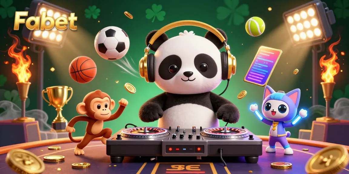 Engage with Fabet's vibrant online casino experience featuring a DJ panda, dancing monkey, and rave kitten amidst dynamic gaming elements.
