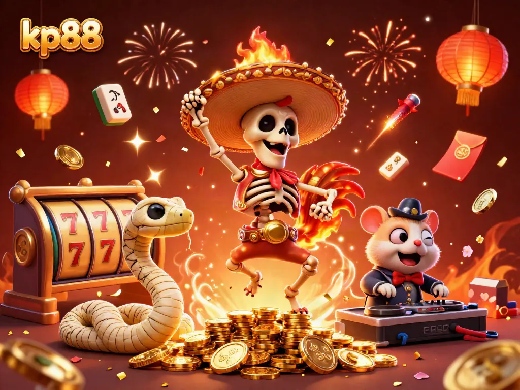 Join the fun at kp88, featuring a lively cartoon scene with a dancing mariachi rooster on golden coins!