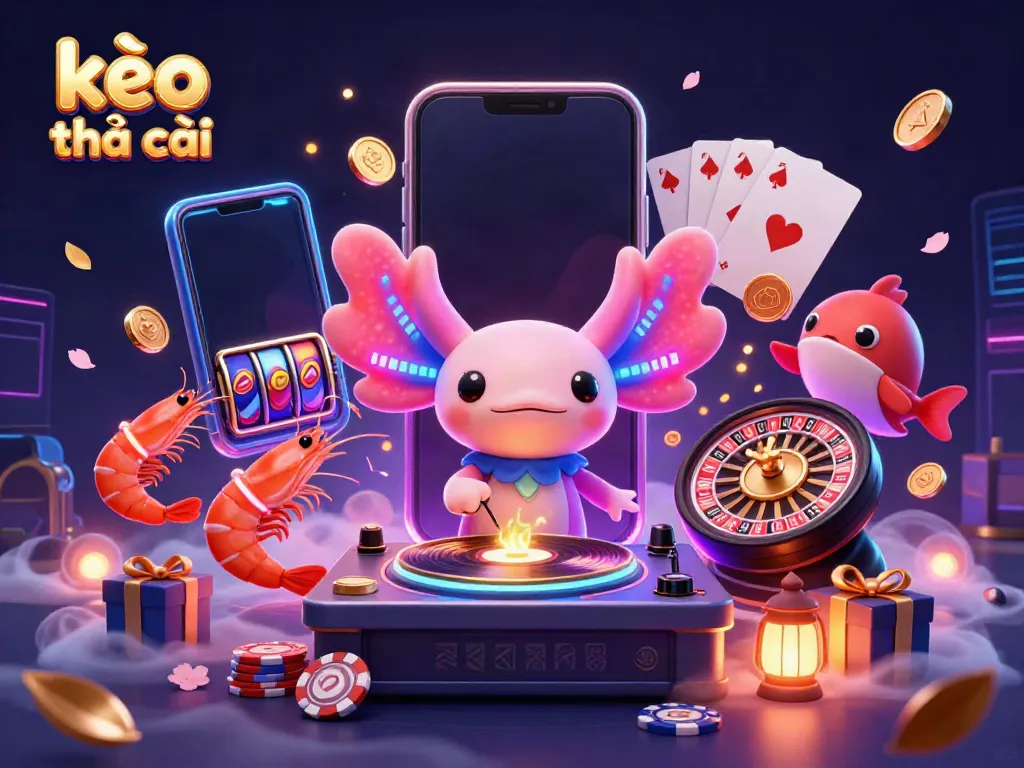 Catch the excitement of kèo nhà cái with a neon axolotl DJ and vibrant casino elements in a lively underwater scene.