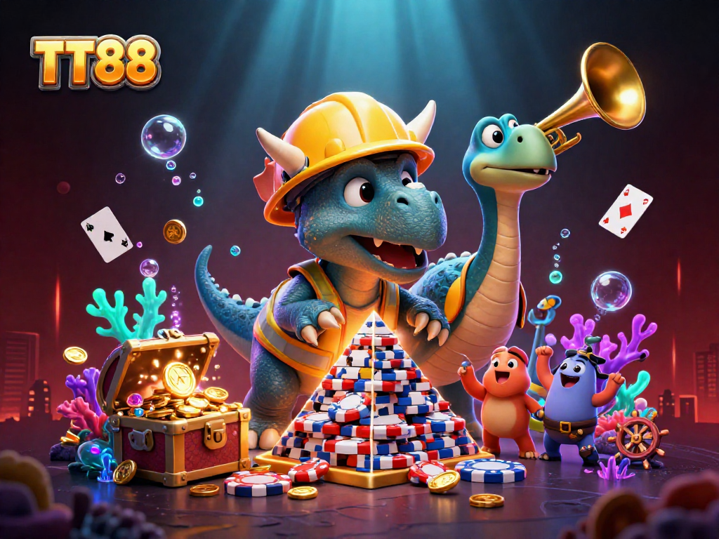 TT88 features a lively celebration with a cartoon triceratops building poker chips amidst an engaging casino theme.