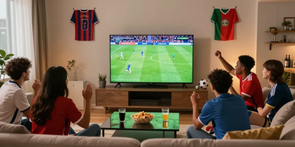 Friends enjoying a Gavangtv soccer match together with snacks and excitement.