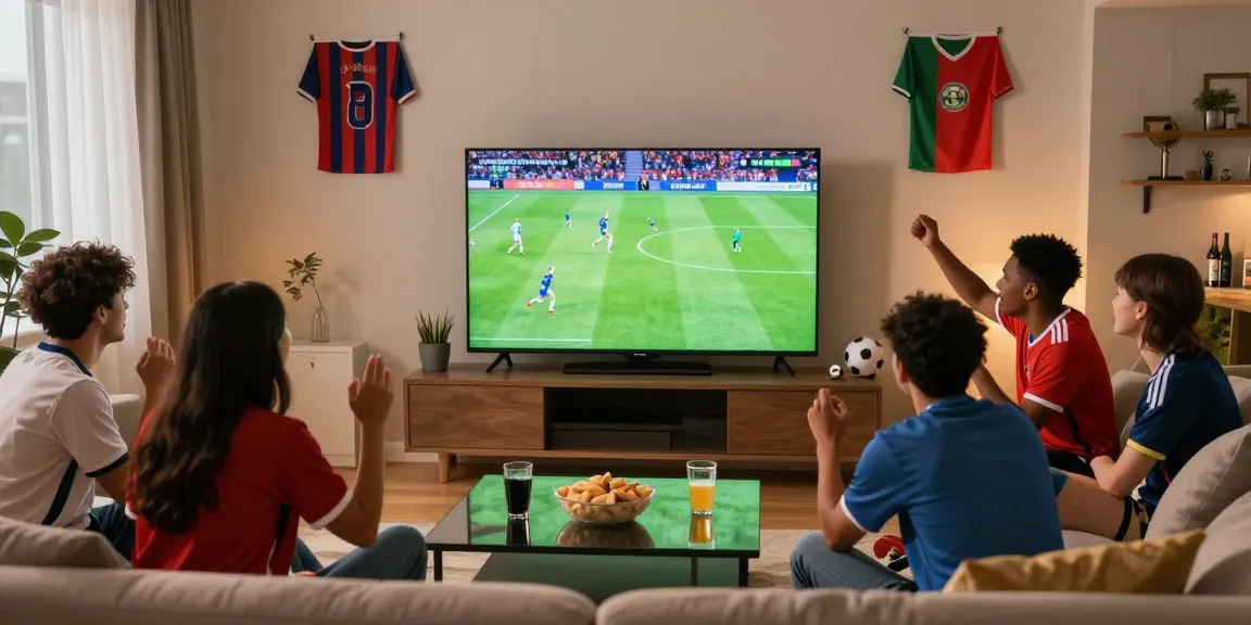 Friends enjoying a Gavangtv soccer match together with snacks and excitement.