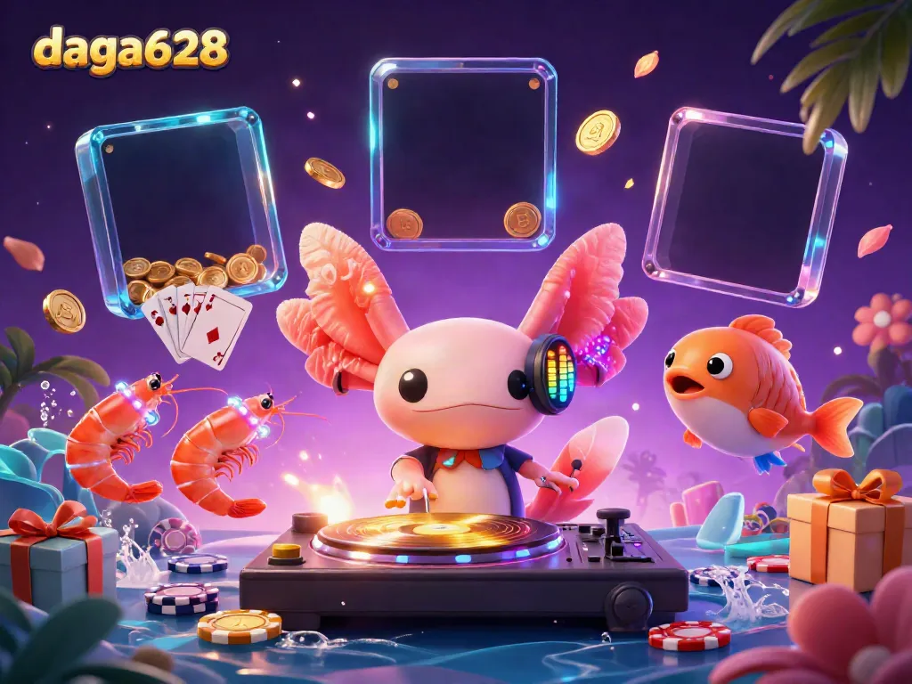 Dive into the vibrant gambling world of daga628 with an axolotl DJ spinning vivid slot games and energetic sea creatures.