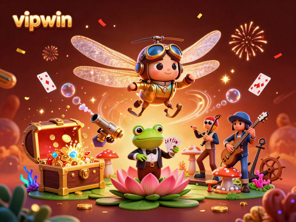 Experience thrilling gameplay at vipwin with a vibrant casino scene featuring a dragonfly pilot and frog croupier.