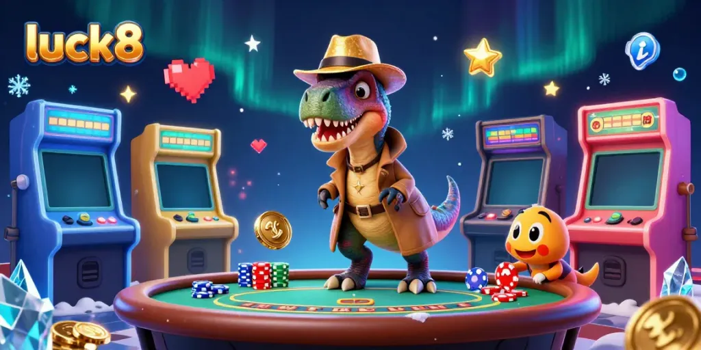 Luck8 cartoon velociraptor at a blackjack table amid neon game elements and a suspicious pit boss.