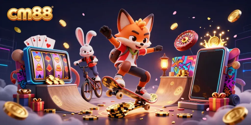 Engaging scene depicting cm88's vibrant casino atmosphere with fun characters and gaming elements.