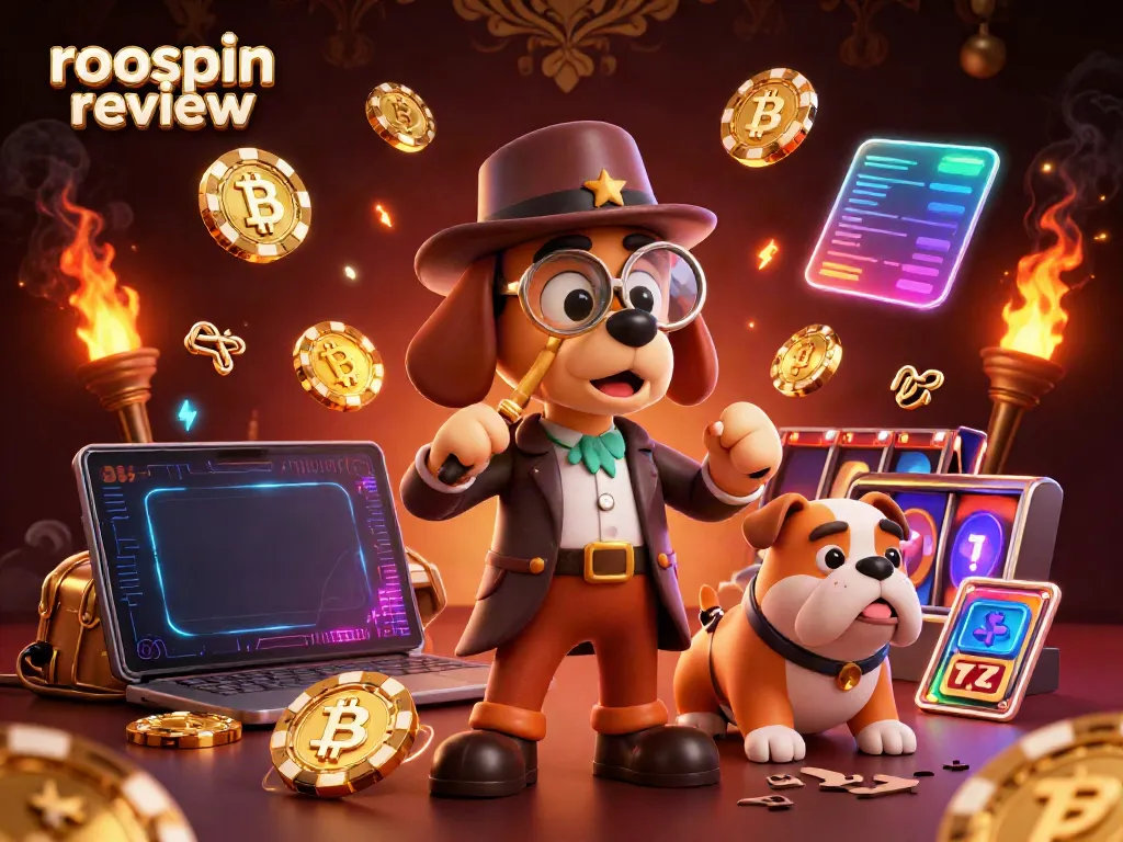 Engage with the exciting roospin review scene showcasing a detective and dog discovering golden poker chips and crypto coins.