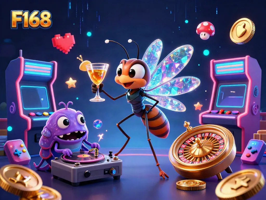 F168's lively casino scene featuring a frozen mosquito mascot and a trilobite DJ, creating an engaging gaming atmosphere.