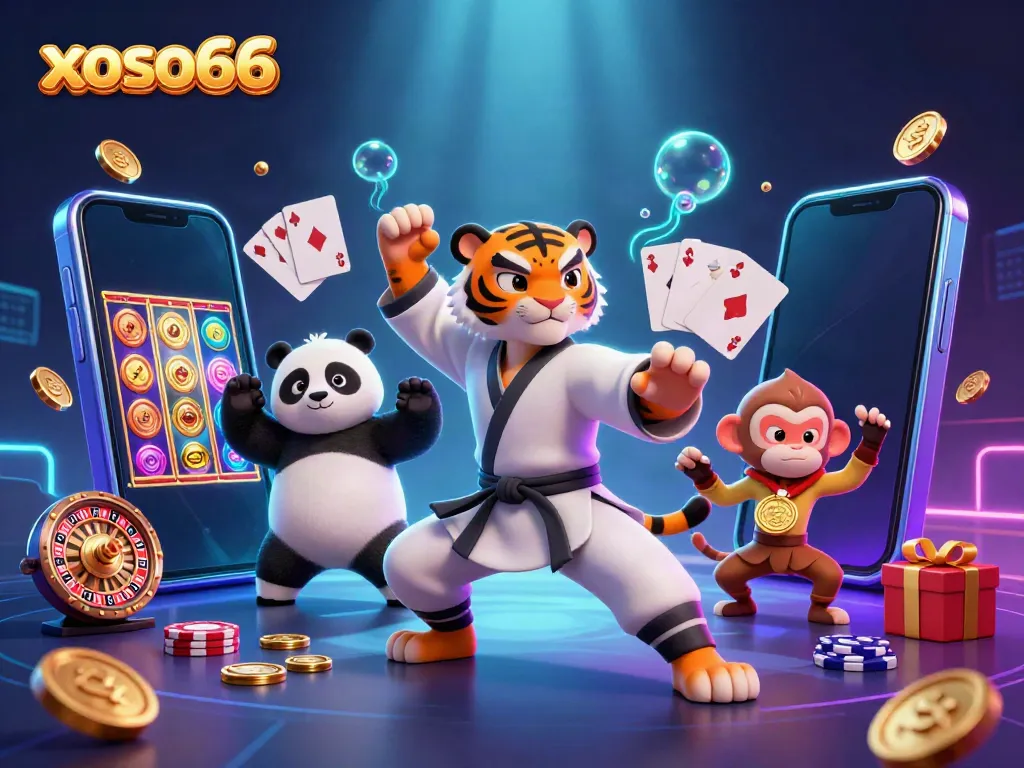 Xoso66 characters bring luck in an exciting slot game environment filled with casino elements.
