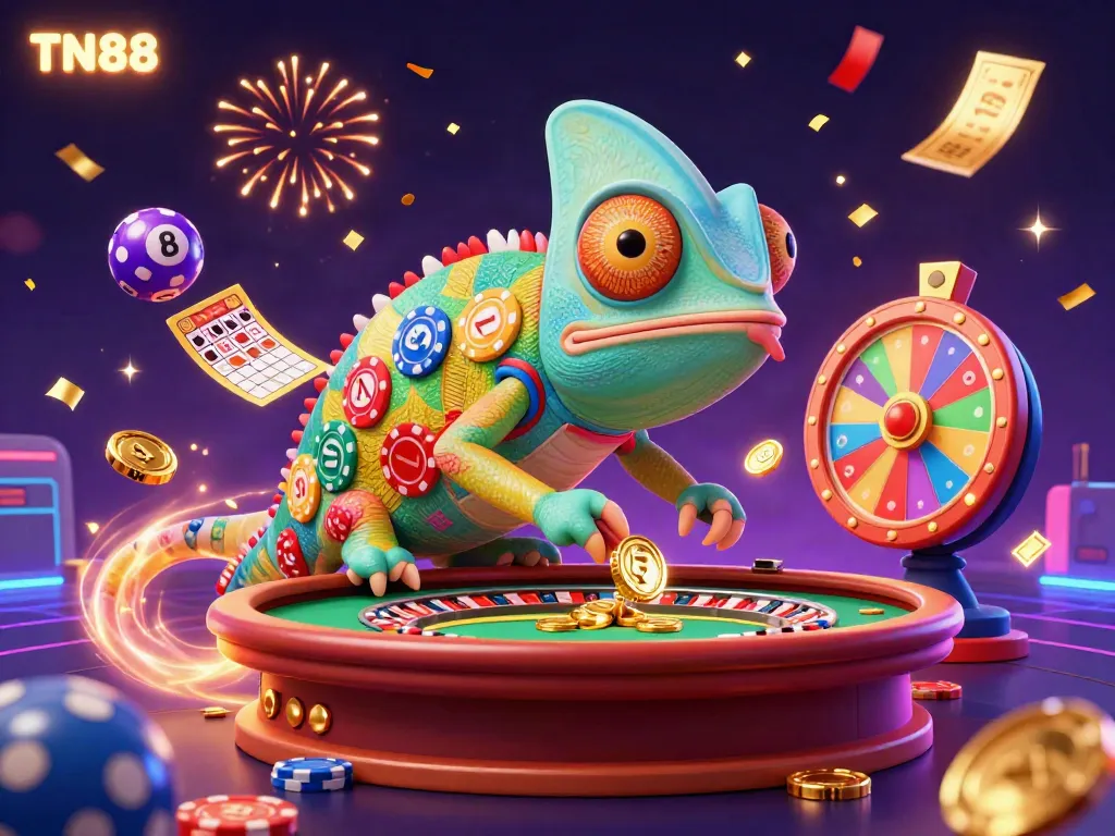 Experience TN88 at the casino, featuring an animated chameleon owner amidst lottery balls and confetti.