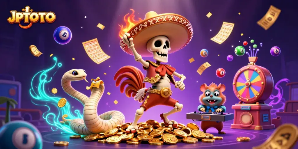 Win big with JPTOTO and a festive casino scene packed with vibrant characters and gaming elements.