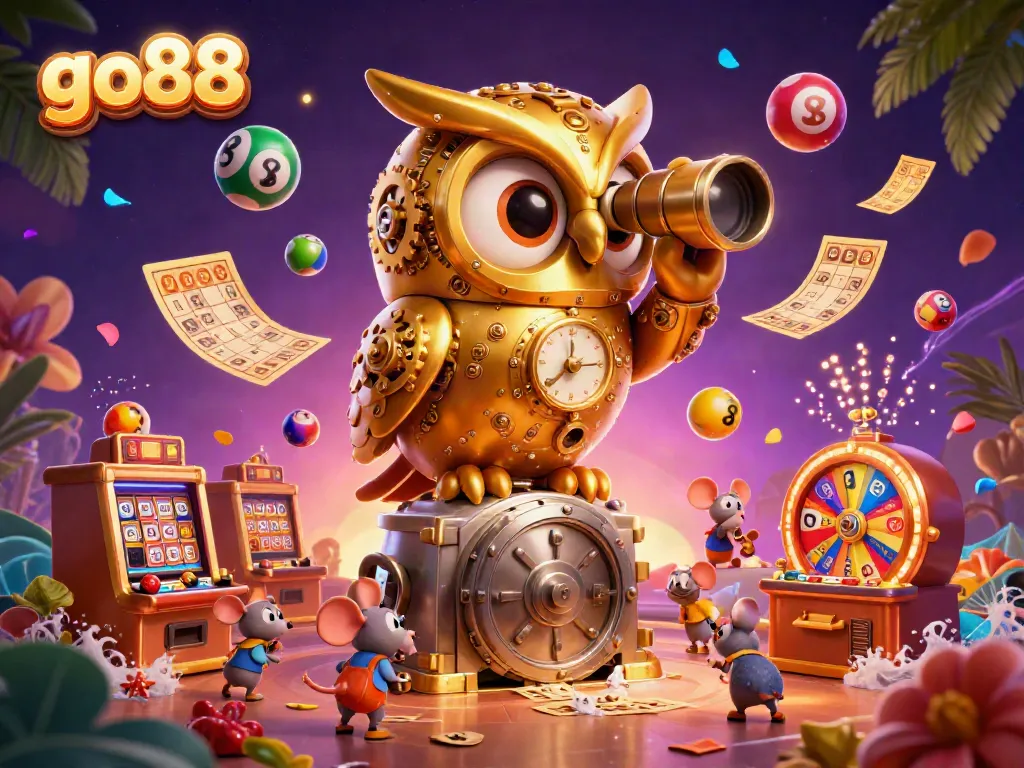 Engage in vibrant go88 casino action with a golden owl, wind-up mice, and lottery balls.