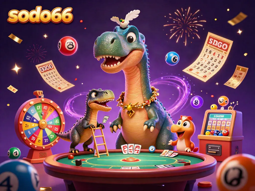 SODO66 casino scene featuring a tall brontosaurus, raptor dealer, and colorful game elements for an engaging gambling experience.