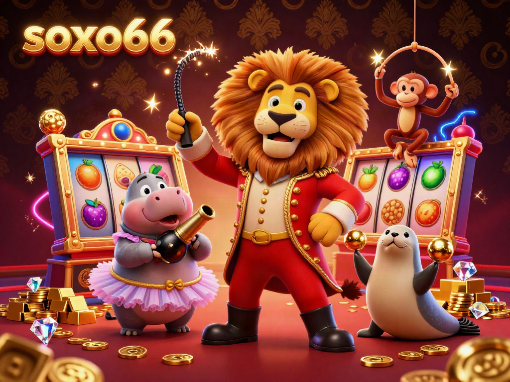Soxo66 casino vibrant scene featuring colorful slots, a lion ringmaster, and rich treasure.