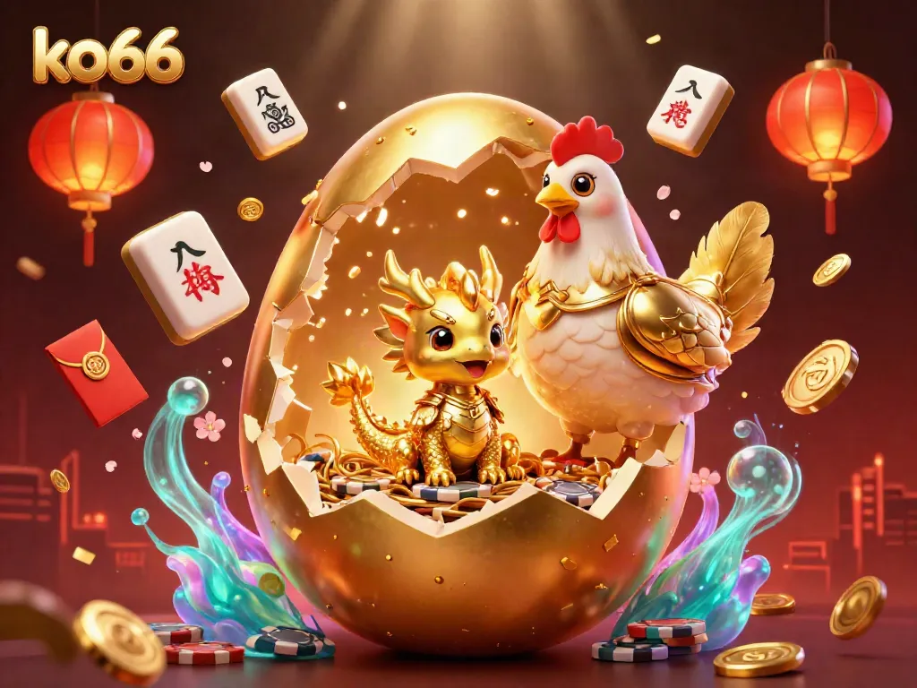 Experience the excitement of ko66 with a golden dragon amidst casino elements in an ultra-detailed illustration.
