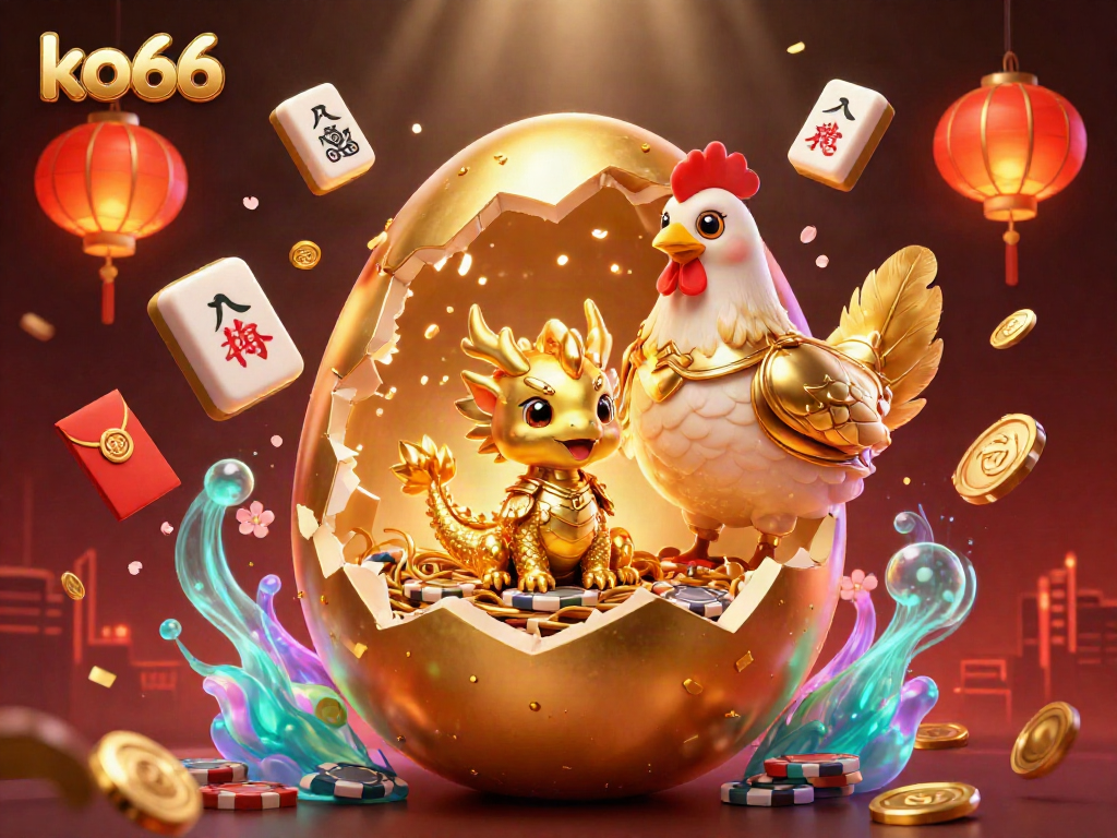 Experience the excitement of ko66 with a golden dragon amidst casino elements in an ultra-detailed illustration.