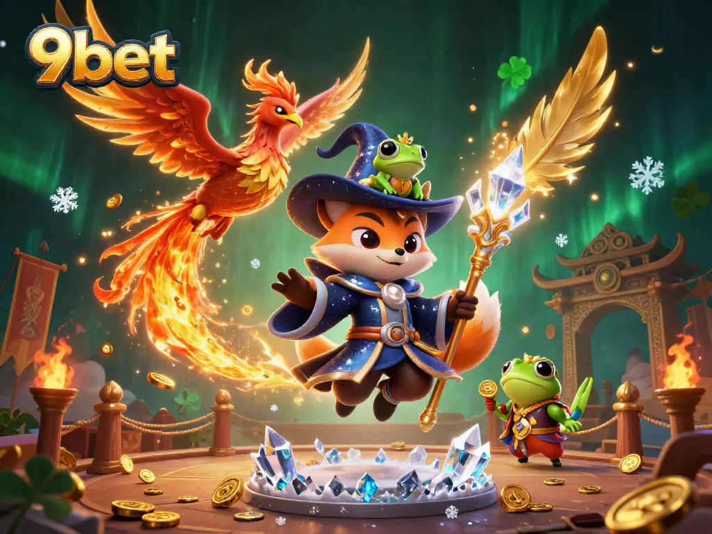 Experience the excitement of 9bet with a wizard fox and phoenix amidst a vibrant casino scene.