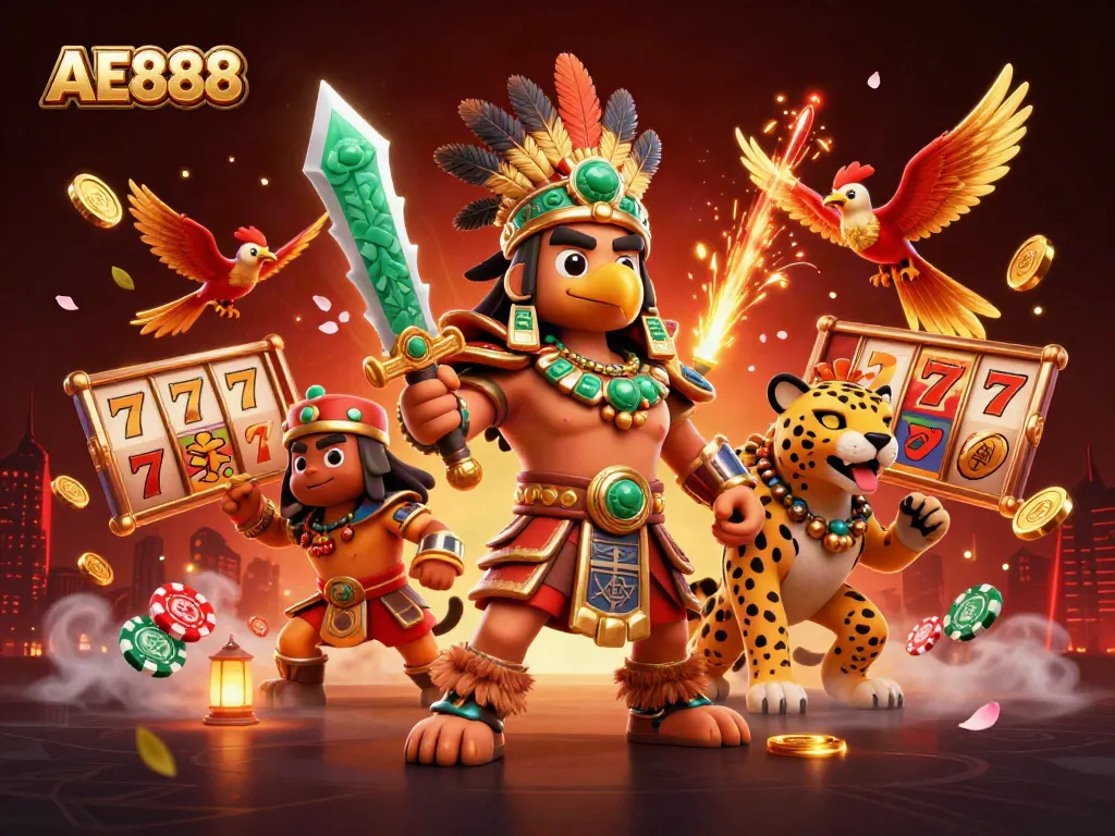 Experience the thrill of AE888 slots with dynamic characters, vibrant game elements, and a richly detailed casino environment.