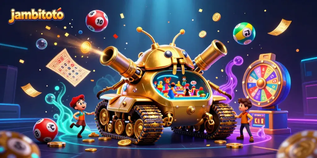 Engage with jambitoto's dynamic mini-casino scene showcasing joyful lottery game elements.