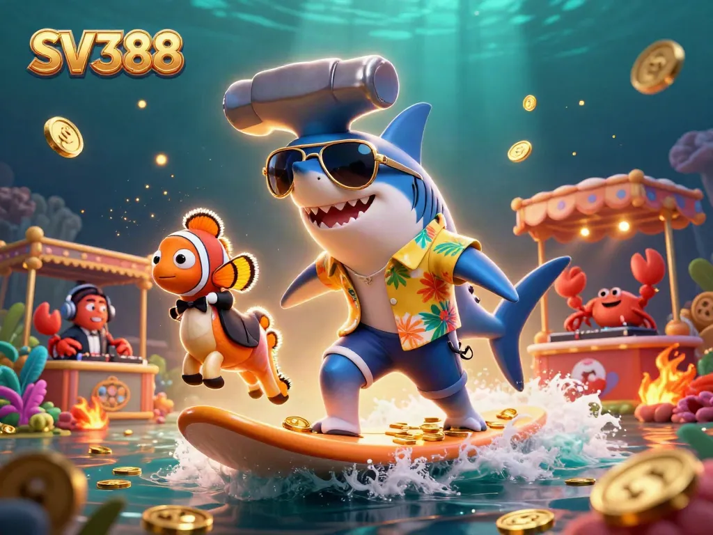 SV388 cockfighting illustration with a shark, seahorse, and crab amidst casino elements.