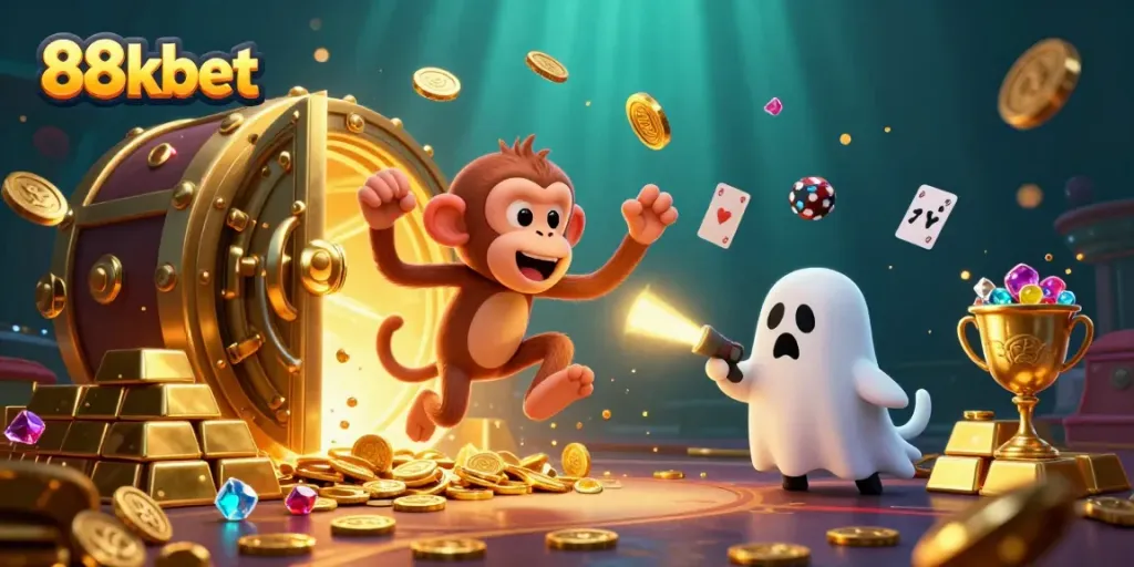 Experience the vibrant world of 88kbet with a playful poltergeist monkey juggling gold in a lively casino scene.