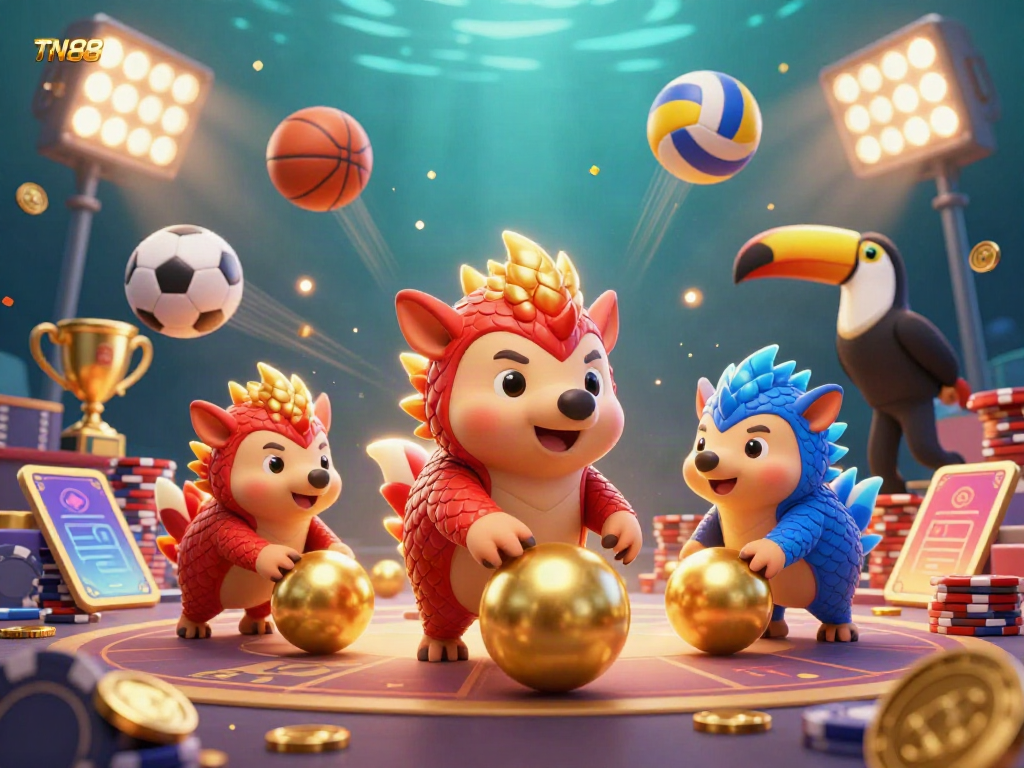 Experience exciting TN88 gaming with animated pangolins in a vibrant casino showdown.