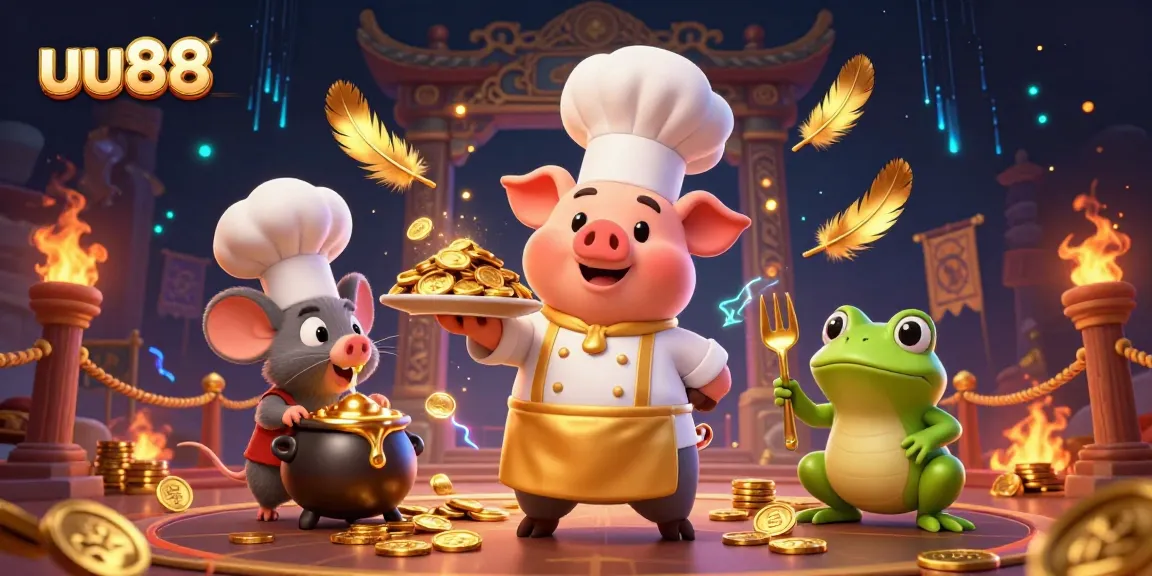 uu88 features a vibrant casino scene with a chef pig, a mouse sous-chef, and a frog critic in action.