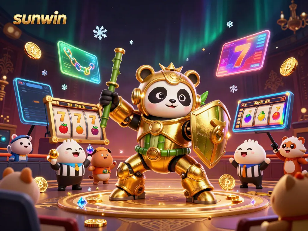 Experience excitement with sunwin as a golden panda battles in a vibrant online casino arena.
