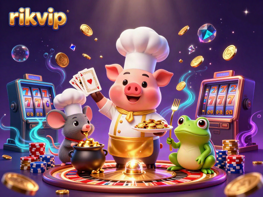 Engage in thrilling gameplay at rikvip with shimmering gold coins, roulette, and cheerful characters.