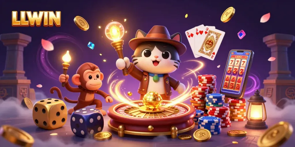 LLWIN cat explorer uncovers treasures while surrounded by casino elements, capturing excitement.