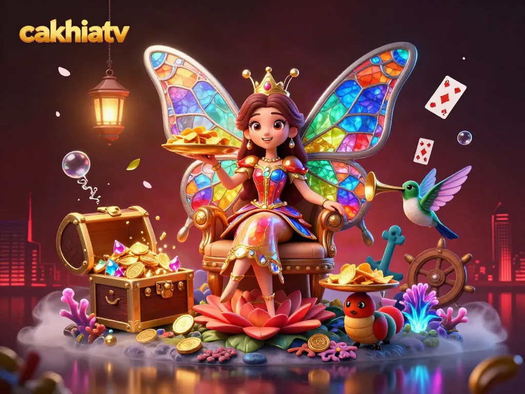 Experience thrilling gameplay with Cakhiatv's colorful, animated casino scene featuring a butterfly queen and vibrant treasures.