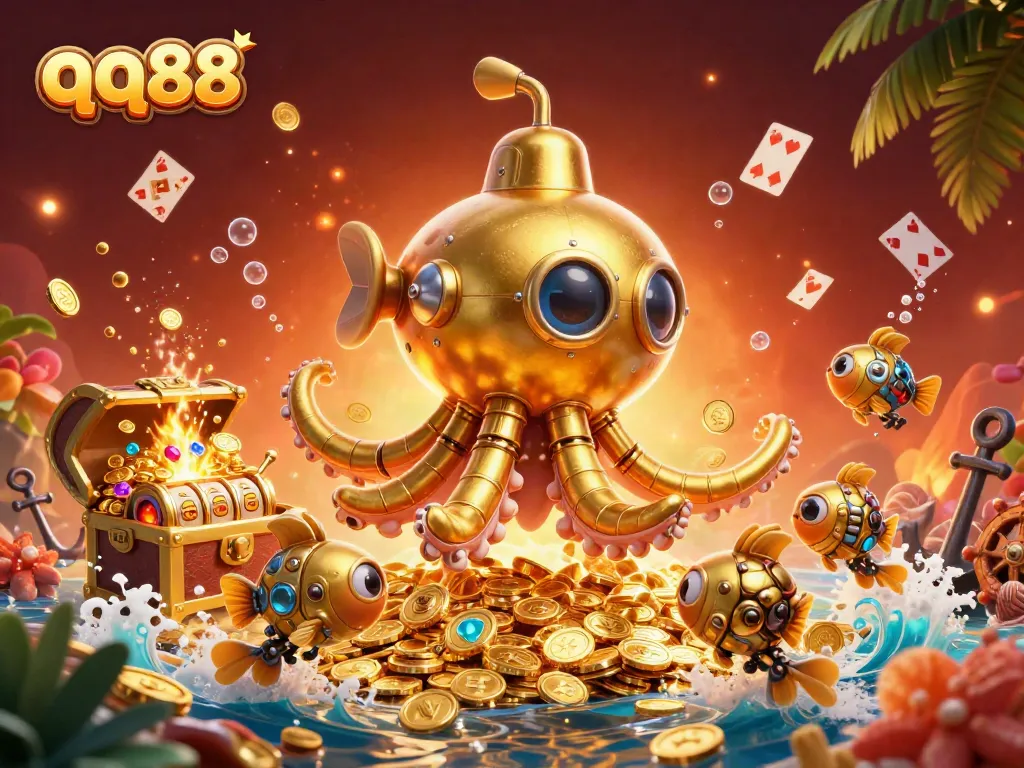 Spin the luck with qq88, showcasing a vibrant 3D casino scene full of slots, coins, and treasures.