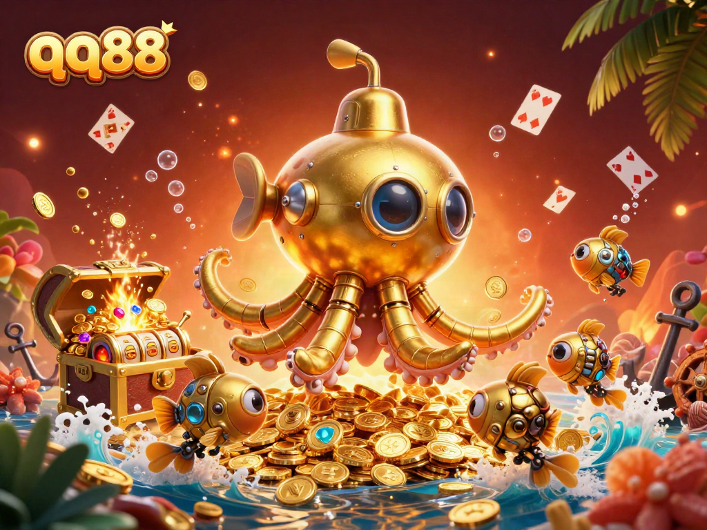 Spin the luck with qq88, showcasing a vibrant 3D casino scene full of slots, coins, and treasures.