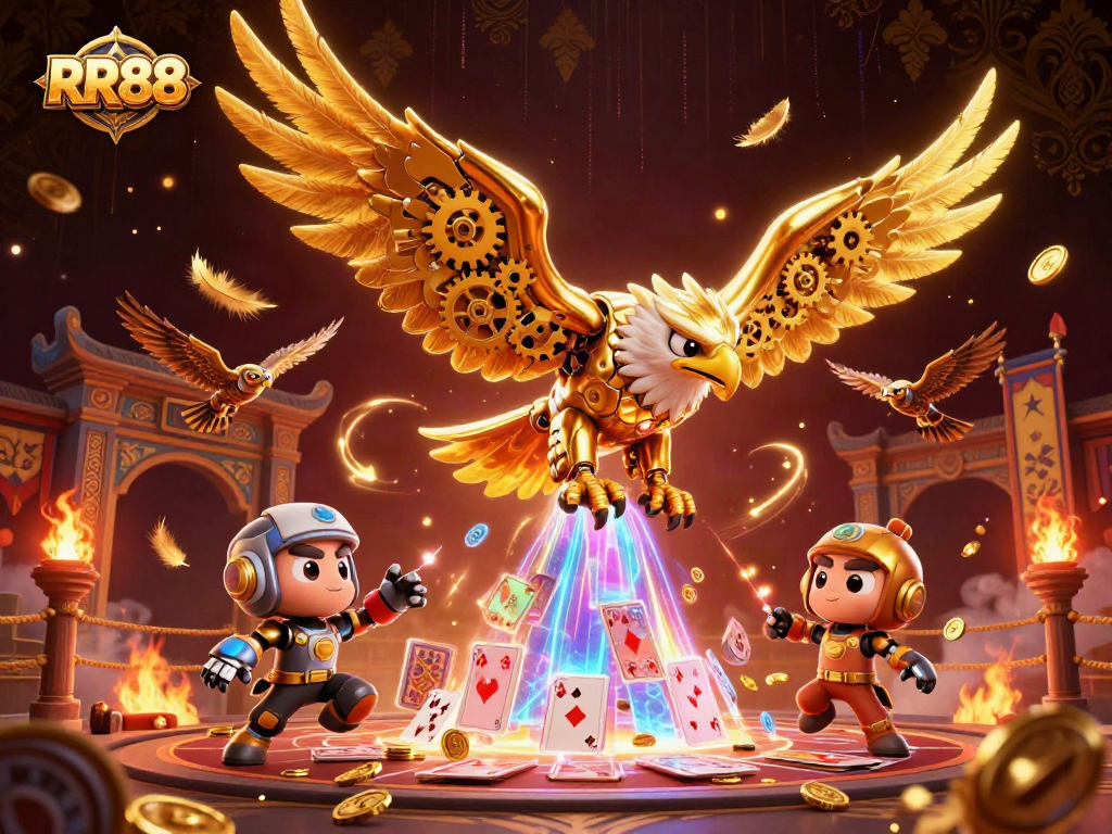 RR88 casino players explore winnings in a vibrant 3D gambling scene.