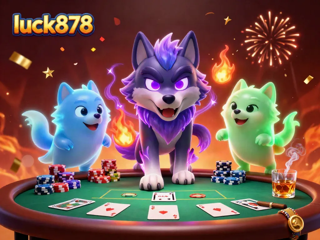 Engage with luck878 as you play poker with ghostly wolves and vibrant casino elements.