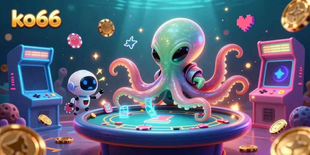 Experience thrilling gaming adventures with ko66 as an alien octopus operates a floating poker table.