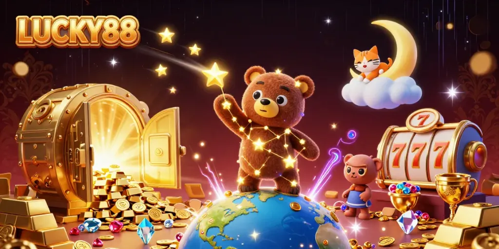 Experience the thrill of LUCKY88 with treasure and winning riches in this vibrant casino illustration.