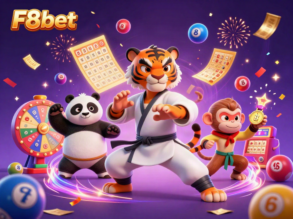 Engage with F8bet's dynamic gaming experience, featuring vibrant characters and lively lottery elements.