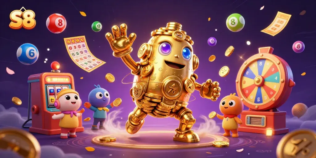 S8 jackpot scene featuring golden golem and colorful lottery elements for engaging gaming action.