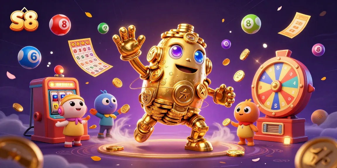 S8 jackpot scene featuring golden golem and colorful lottery elements for engaging gaming action.