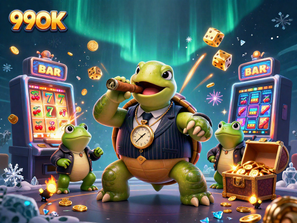 Experience thrilling casino action with 99OK at the heart of a colorful cartoon scene.