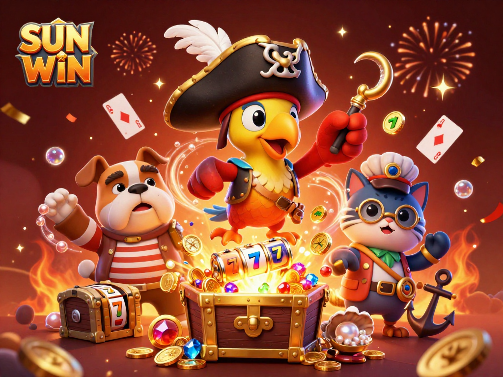 Win big with SUN WIN as lively characters celebrate amidst exploding treasure and slot symbols.