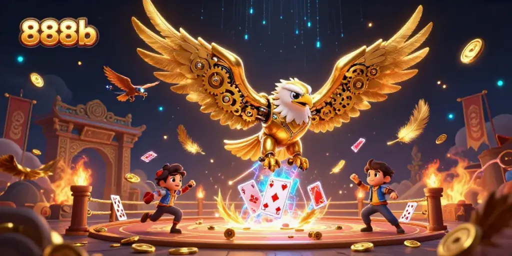 Experience thrilling action with 888b in a dynamic gambling scene featuring a cybernetic eagle and holographic cards.