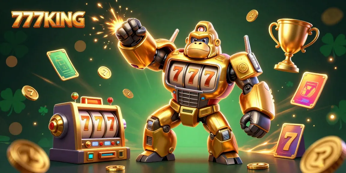 Experience the excitement of 777KING with a dynamic golden gorilla mech, colorful slot reels, and coins bursting into action.