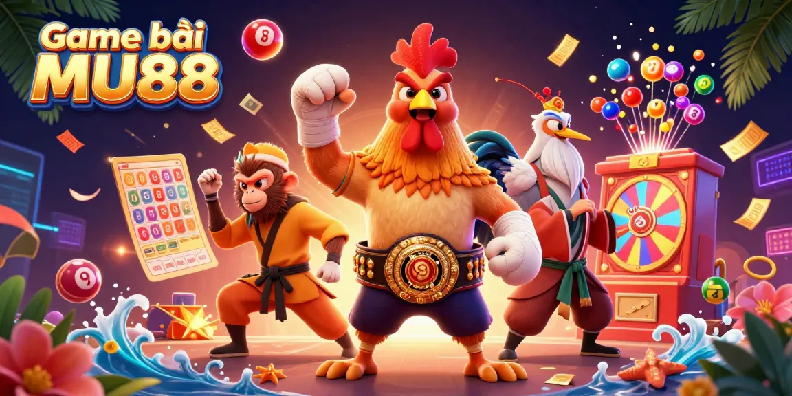 Engage with game strategies at Game bài MU88 featuring a cartoon rooster and martial artists.
