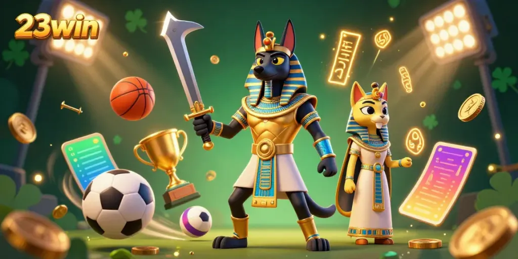 Engage with 23win by enjoying a lively 3D illustration of Anubis and Bastet amidst dynamic gambling themes.